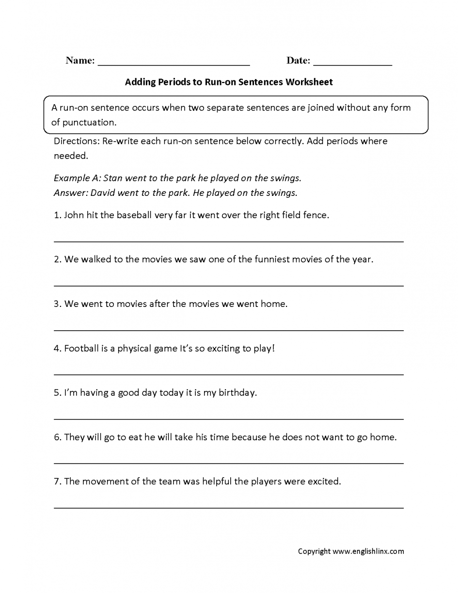Middle School Run On Sentence Worksheets